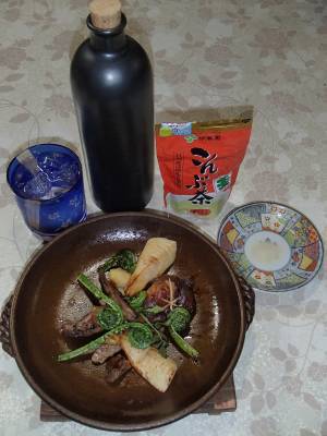 マガモとタケノコとコゴミの陶板焼きで一杯のちへぎ蕎麦で〆＠新潟