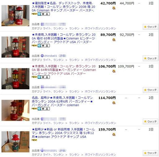 コールマン200Aのヤフオクを覗いて見ると！！ 200Aゲットの道は険しいね～！！