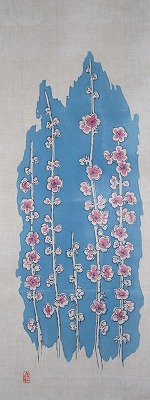桃の花：染め絵手拭（ひな祭り）